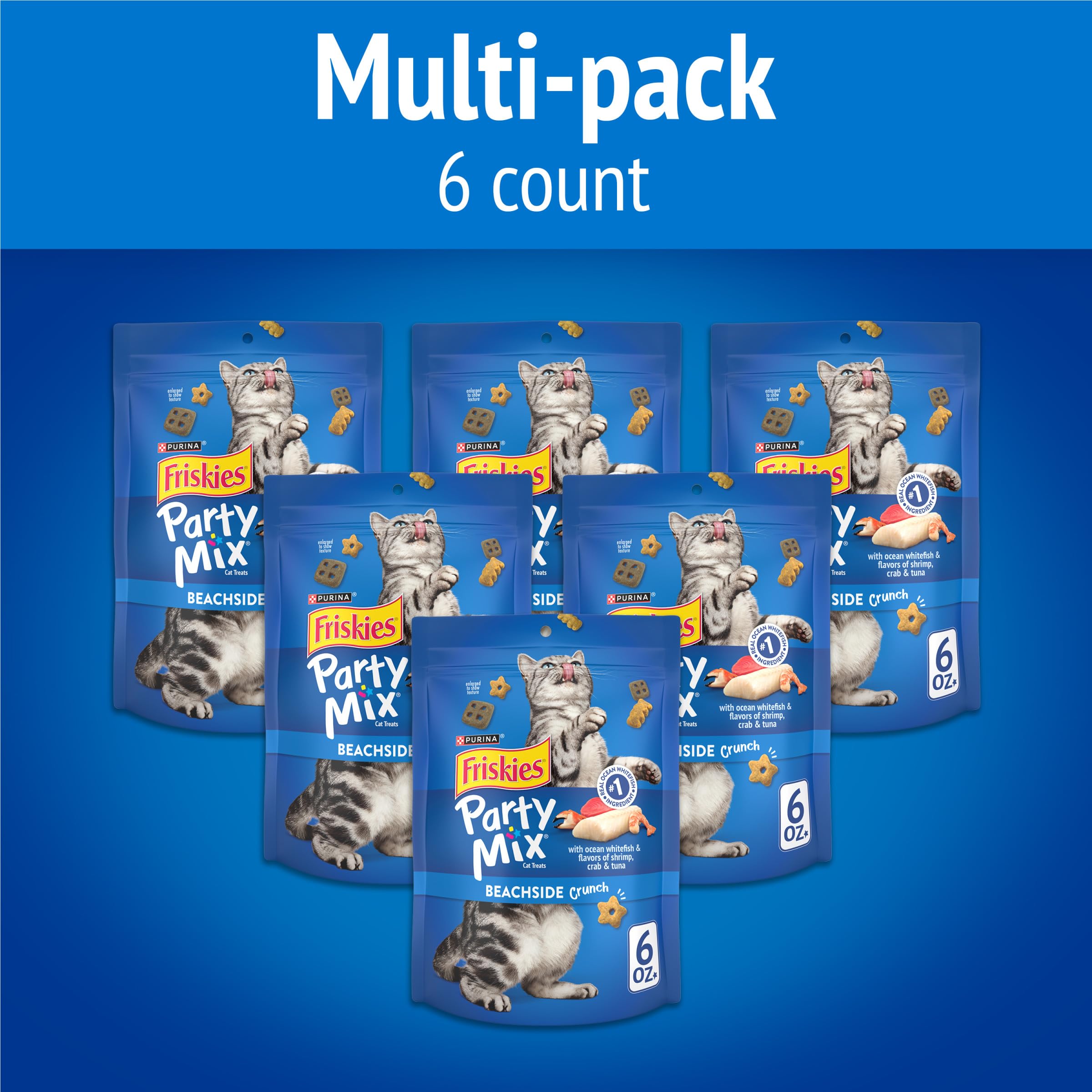 Friskies Beachside Crunch pieces spread for snack moments with cat focus.