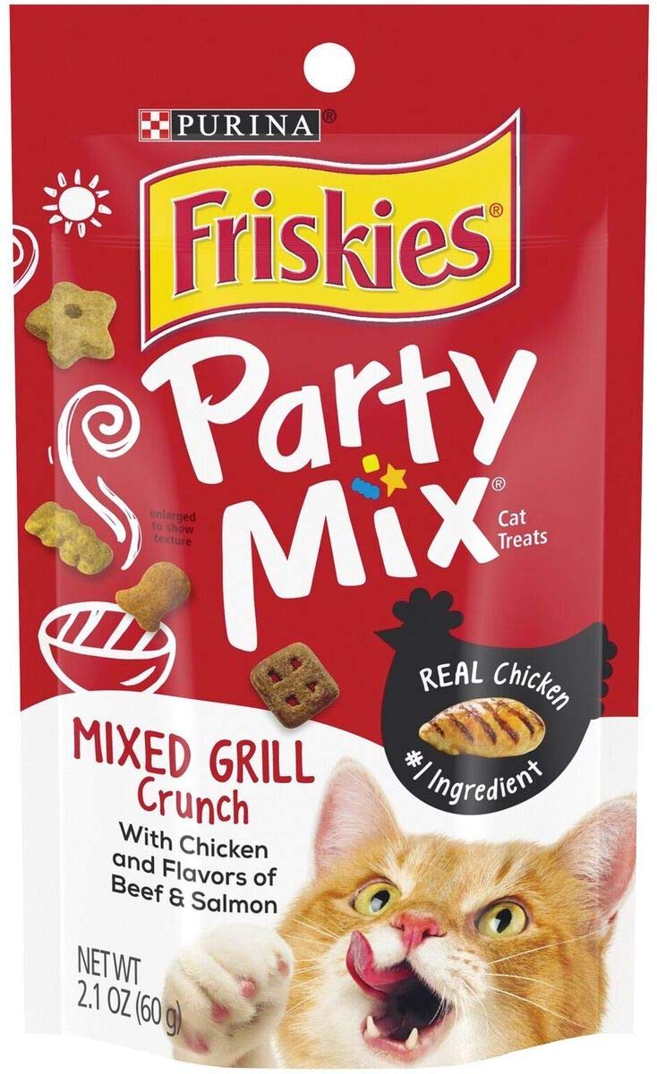 Friskies Party Mix chicken mixed grill treats in bowl for a tasty reward
