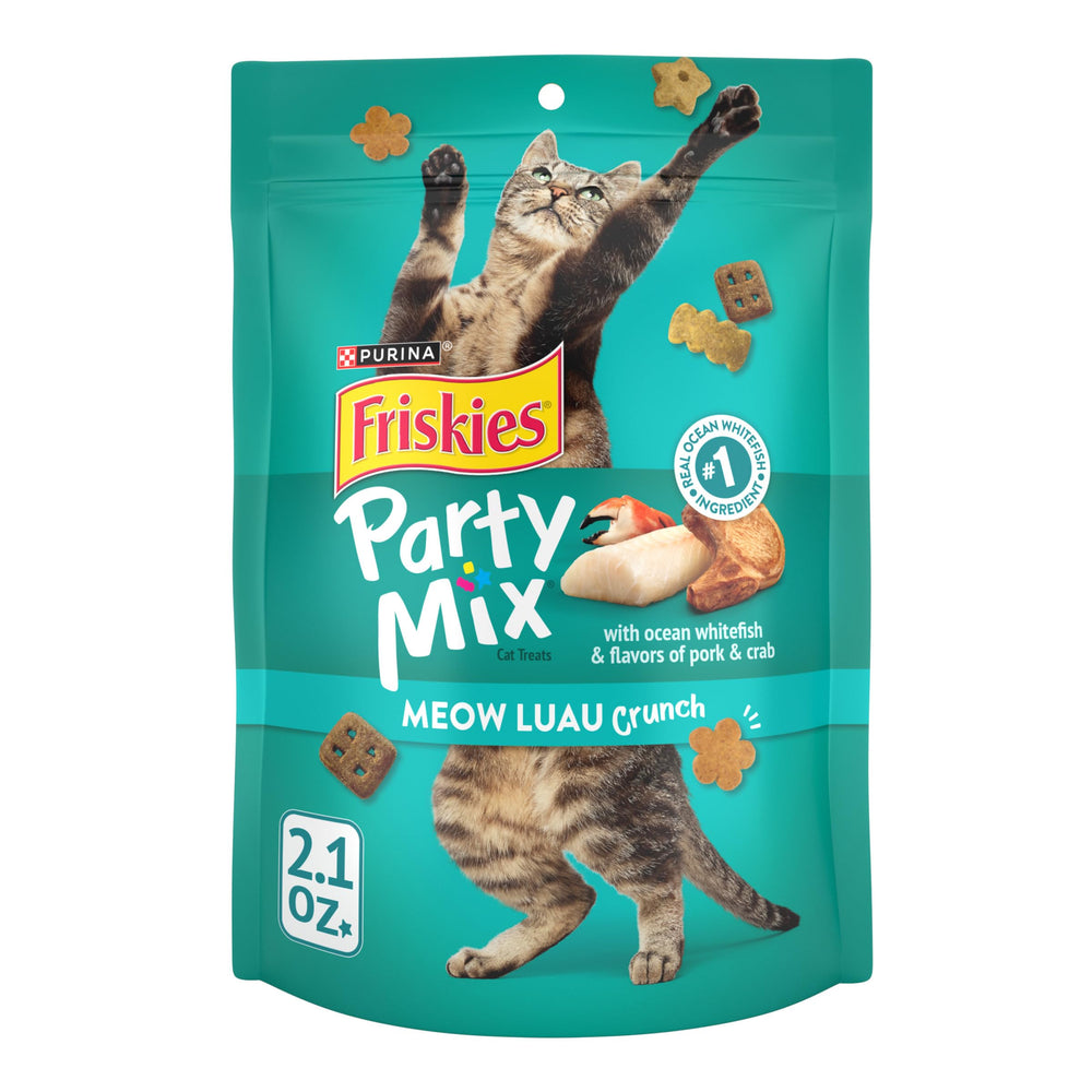 Friskies Party Mix Meow Luau Crunch pouch closeup highlights ocean whitefish flavor for treat-time appeal.