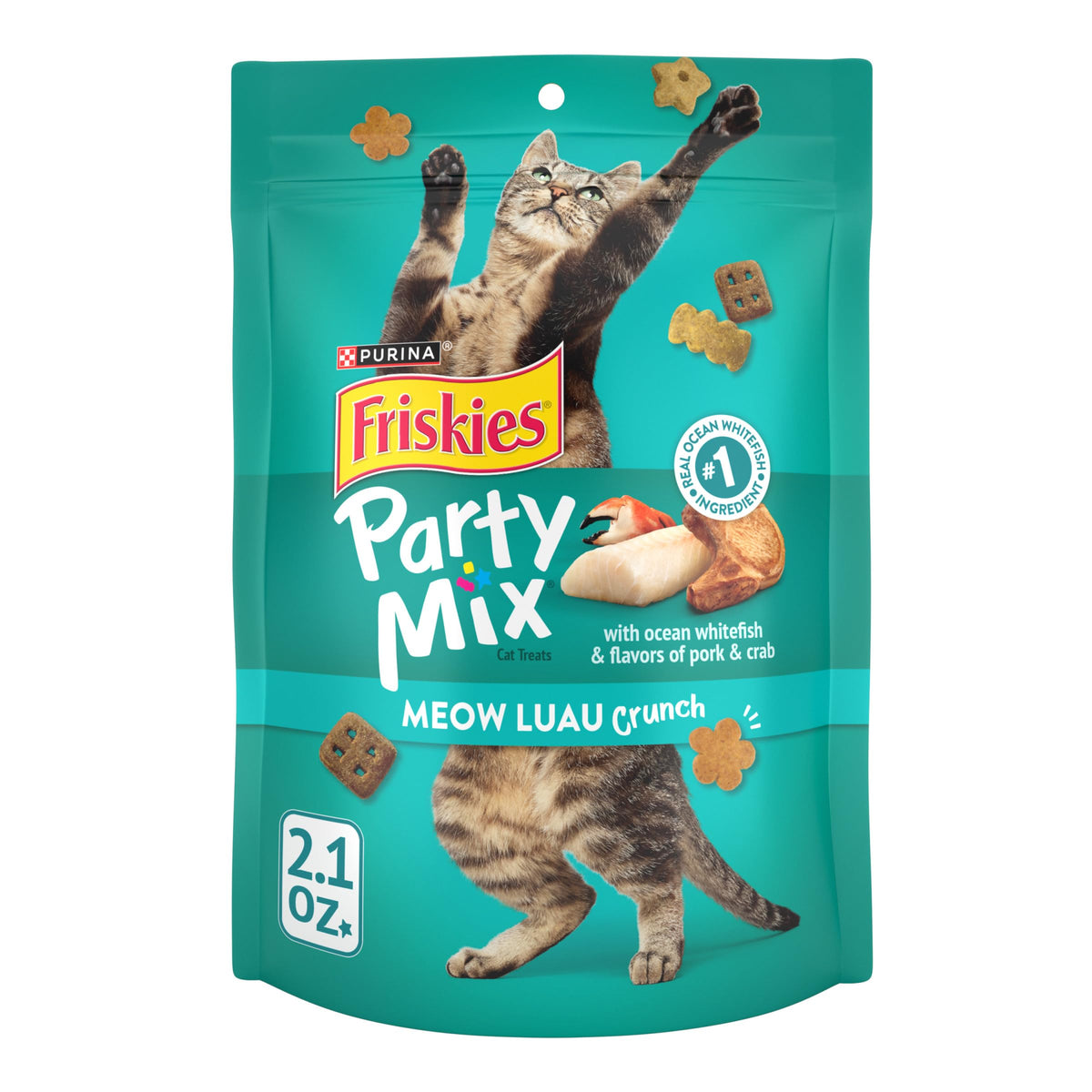 Friskies Party Mix Meow Luau Crunch pouch closeup highlights ocean whitefish flavor for treat-time appeal.