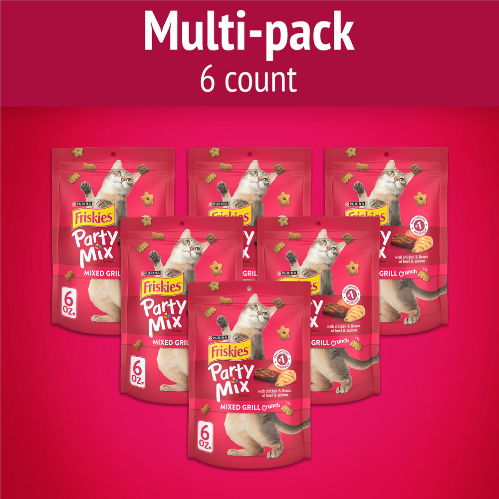 Friskies Party Mix Mixed Grill Crunch pack six pouches shown for convenient daily rewards.
