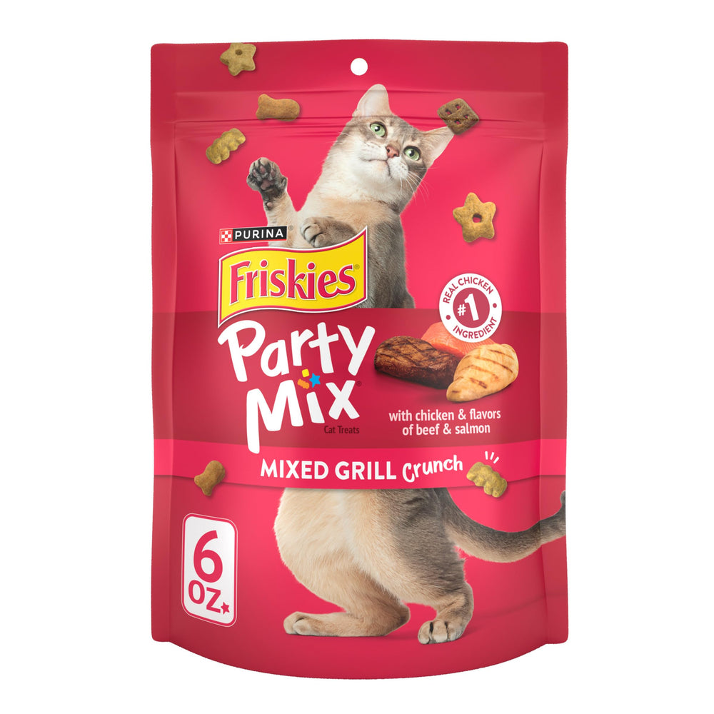 Friskies Party Mix Mixed Grill Crunch treats in a bowl highlight real chicken first ingredient.