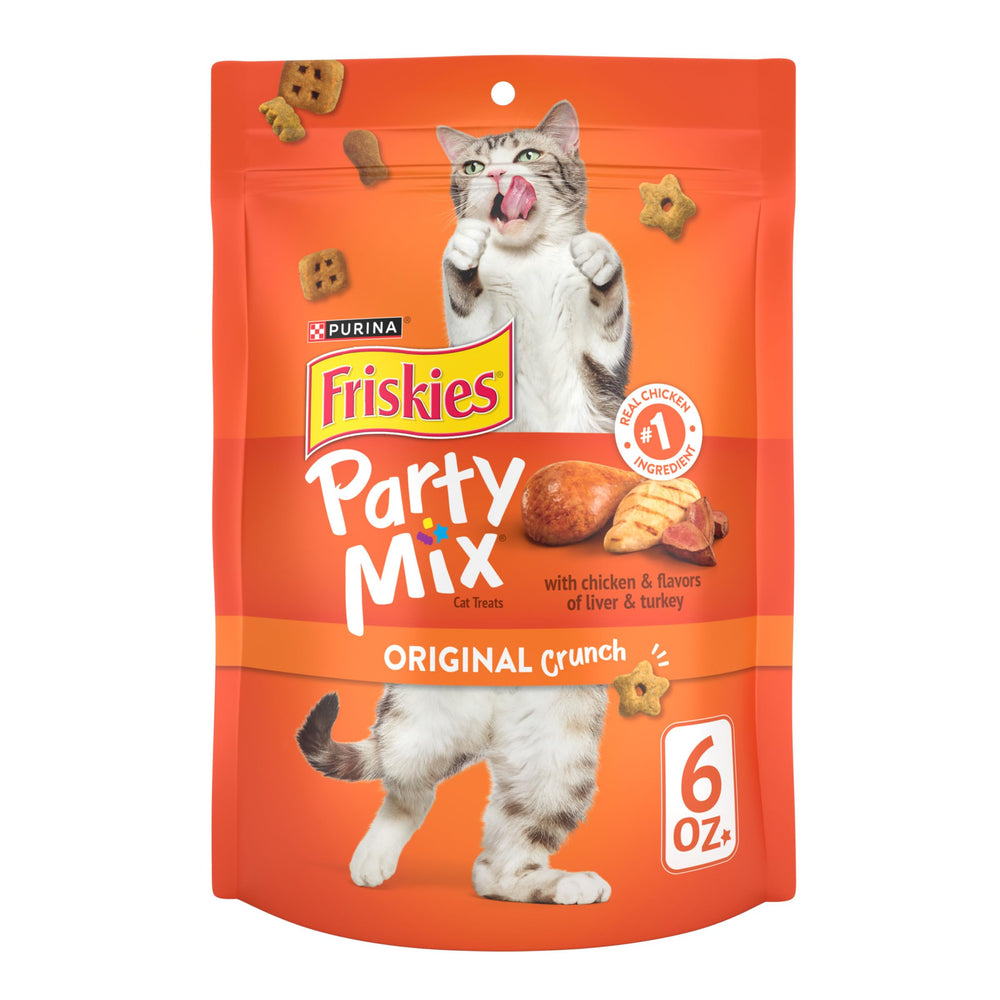 Friskies Party Mix Original Crunch cat treats in a bowl for snack time.