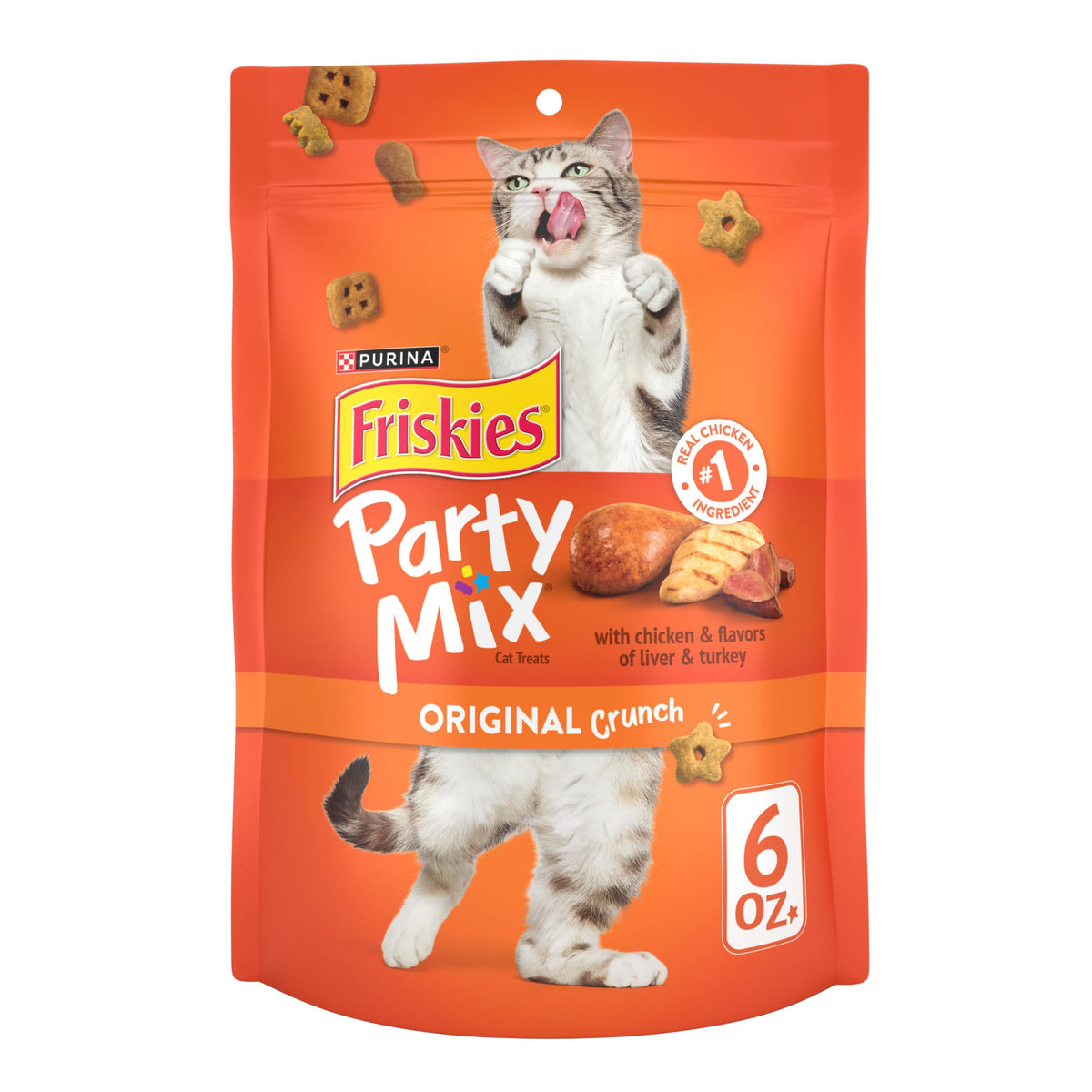 Friskies Party Mix Original Crunch cat treats in a bowl for snack time.