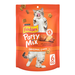 Friskies Party Mix Original Crunch cat treats in a bowl for snack time.