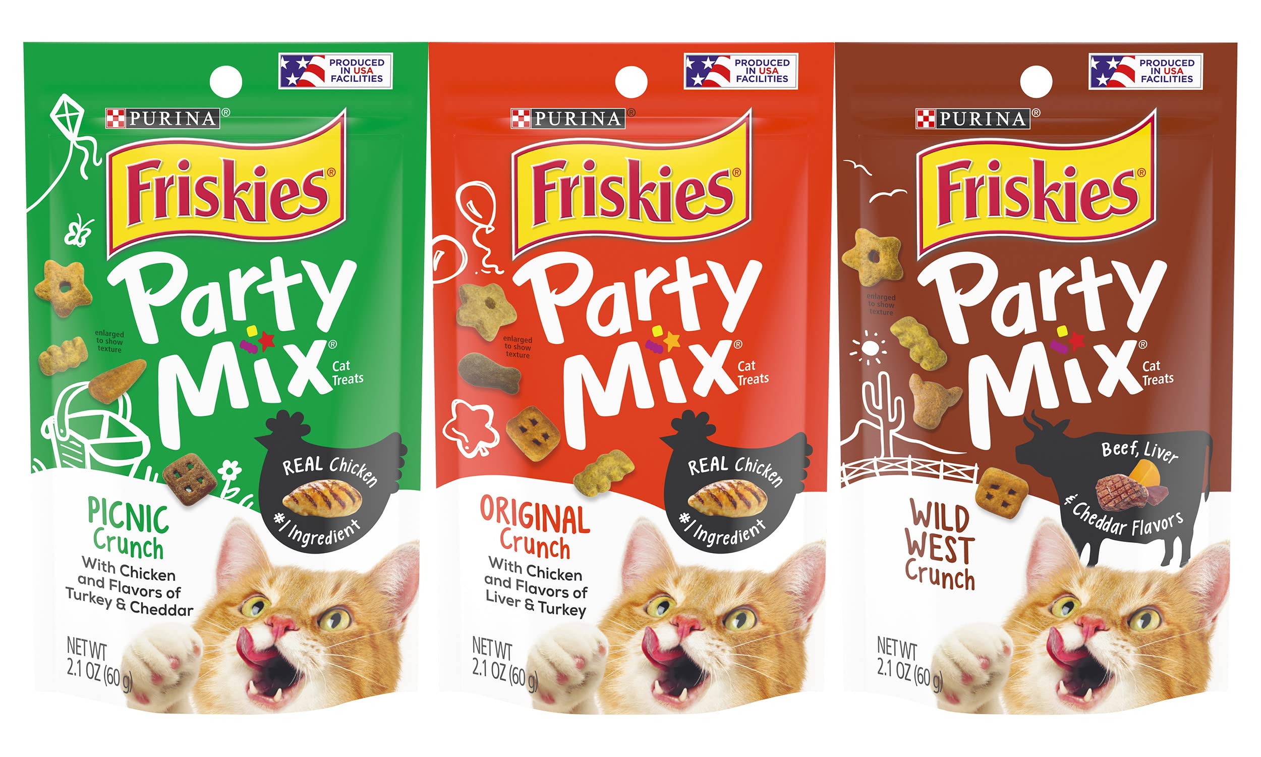 Friskies Party Mix Picnic Crunch pouch shows convenient 2.1 oz size for quick rewards during playtime