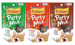 Friskies Party Mix Picnic Crunch pouch shows convenient 2.1 oz size for quick rewards during playtime