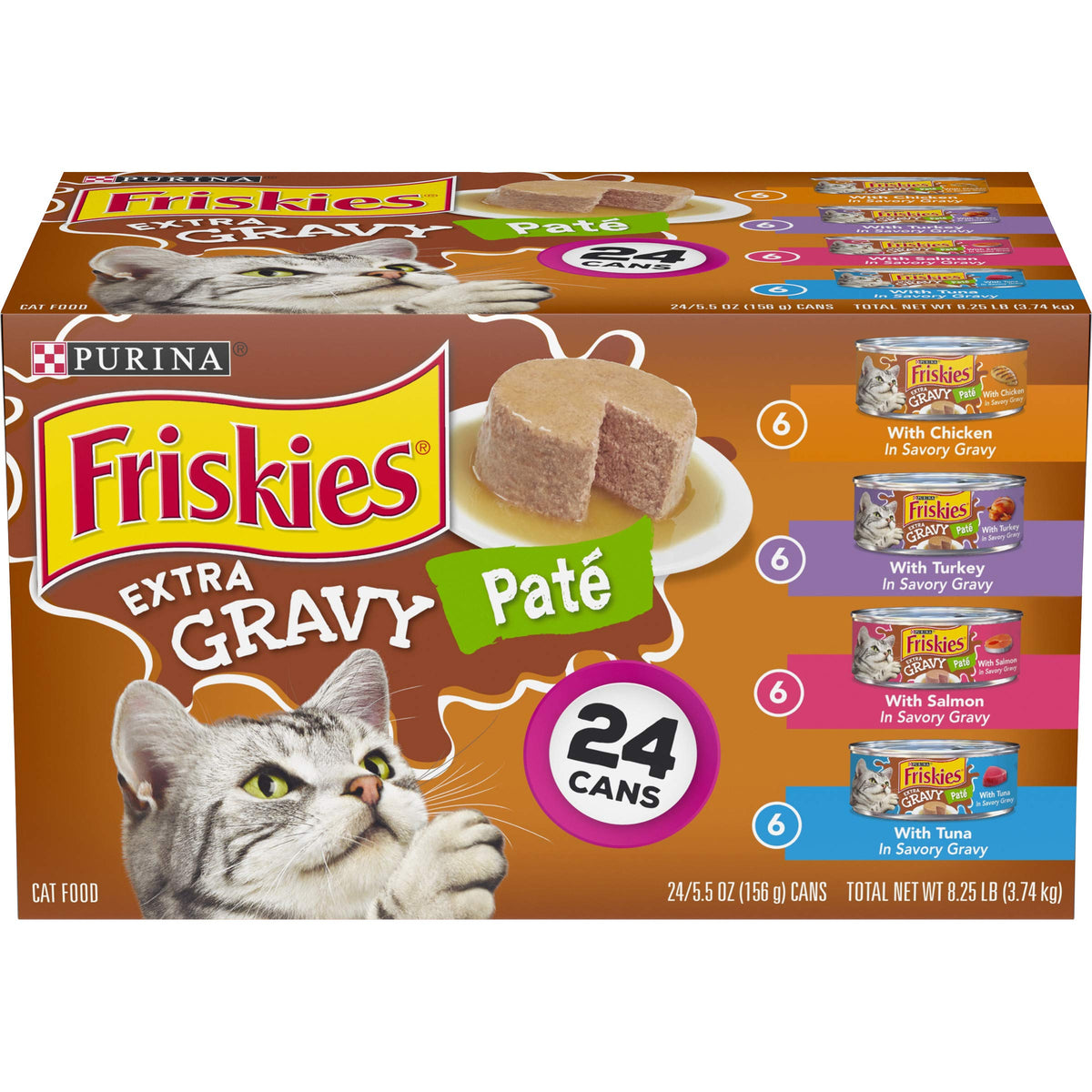 Friskies pate variety-pack cans arranged for cat flavor choice and variety