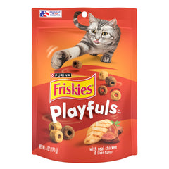 Friskies Playfuls front-pack 6oz pouch inviting interactive play with chicken and liver flavor