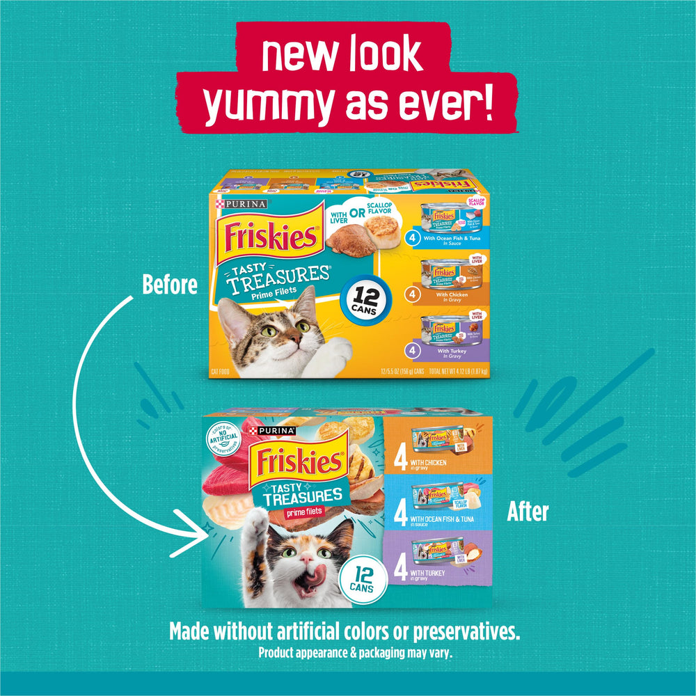Friskies Tasty Treasures Prime Filets chicken flavored bites for everyday cat delight