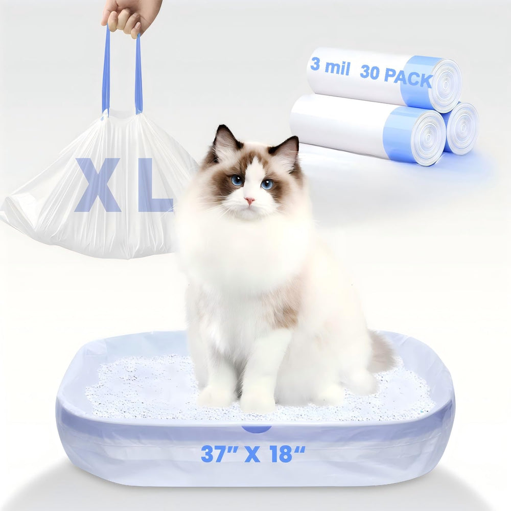 Frnoip 30-pack jumbo cat litter bags for large boxes, quick cleanup.