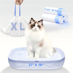 Frnoip 30-pack jumbo cat litter bags for large boxes, quick cleanup.
