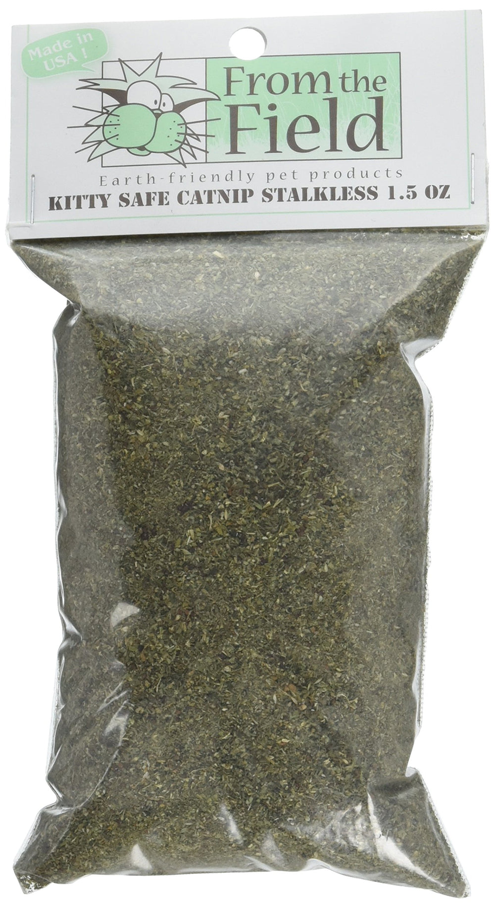 From The Field Fine Ground Stalkless Catnip bag closeup highlighting fresh, potent aroma for playtime.