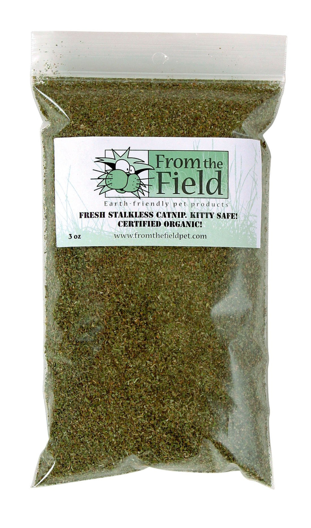 From The Field fine ground stalkless catnip bag showcases rich aroma for playful sessions