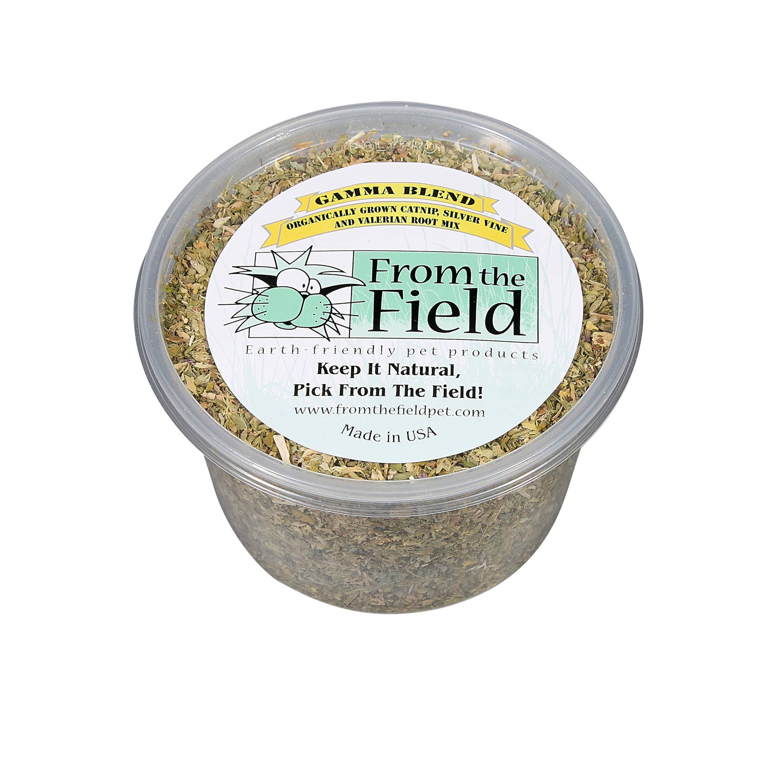 From The Field Gamma Blend catnip, silver vine, valerian bottle promotes playful activity.
