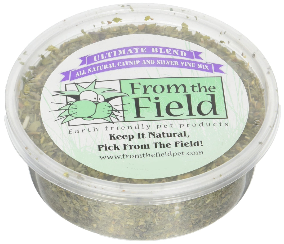 From The Field Ultimate Blend tub closeup, potent catnip-silver vine for engaging play.