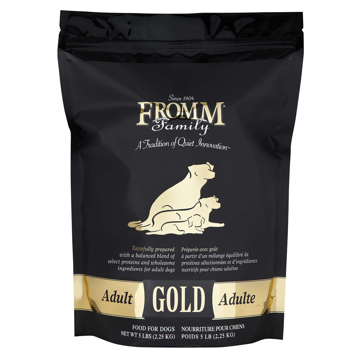 Fromm Adult Gold dry dog food in a bowl ready for mealtime, promoting steady energy.