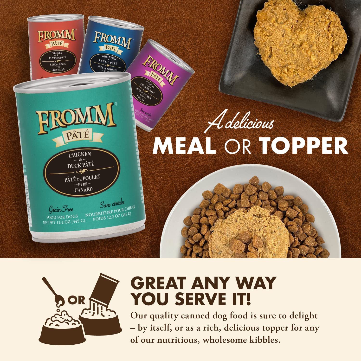 Fromm Chicken & Duck Pate broth simmer suggests appealing aroma and moisture