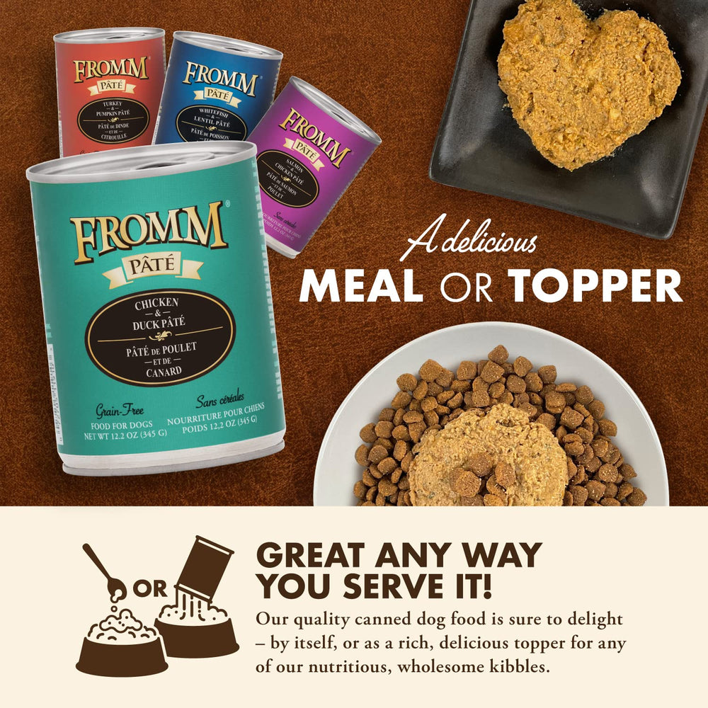 Fromm Chicken & Duck Pate broth simmer suggests appealing aroma and moisture