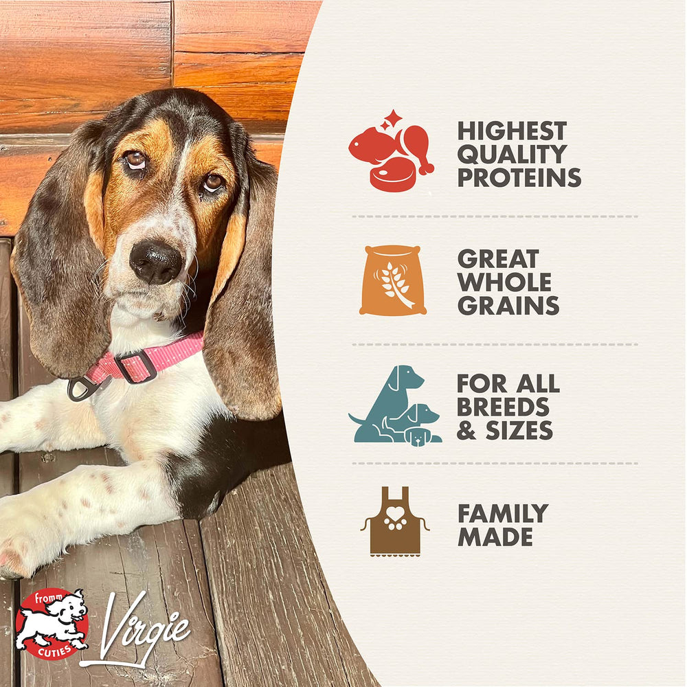 Fromm chicken recipe kibble closeup highlighting high-quality poultry protein for muscle support.