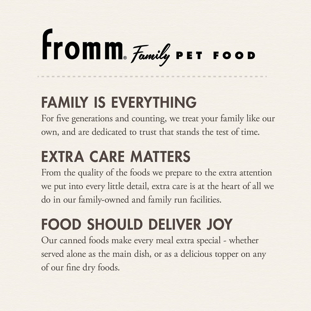 Fromm Chicken & Sweet Potato Pate adult-meal scene shows versatile all-life-stage nutrition
