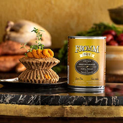Fromm Chicken & Sweet Potato Pate served in a bowl highlights moist meal appeal
