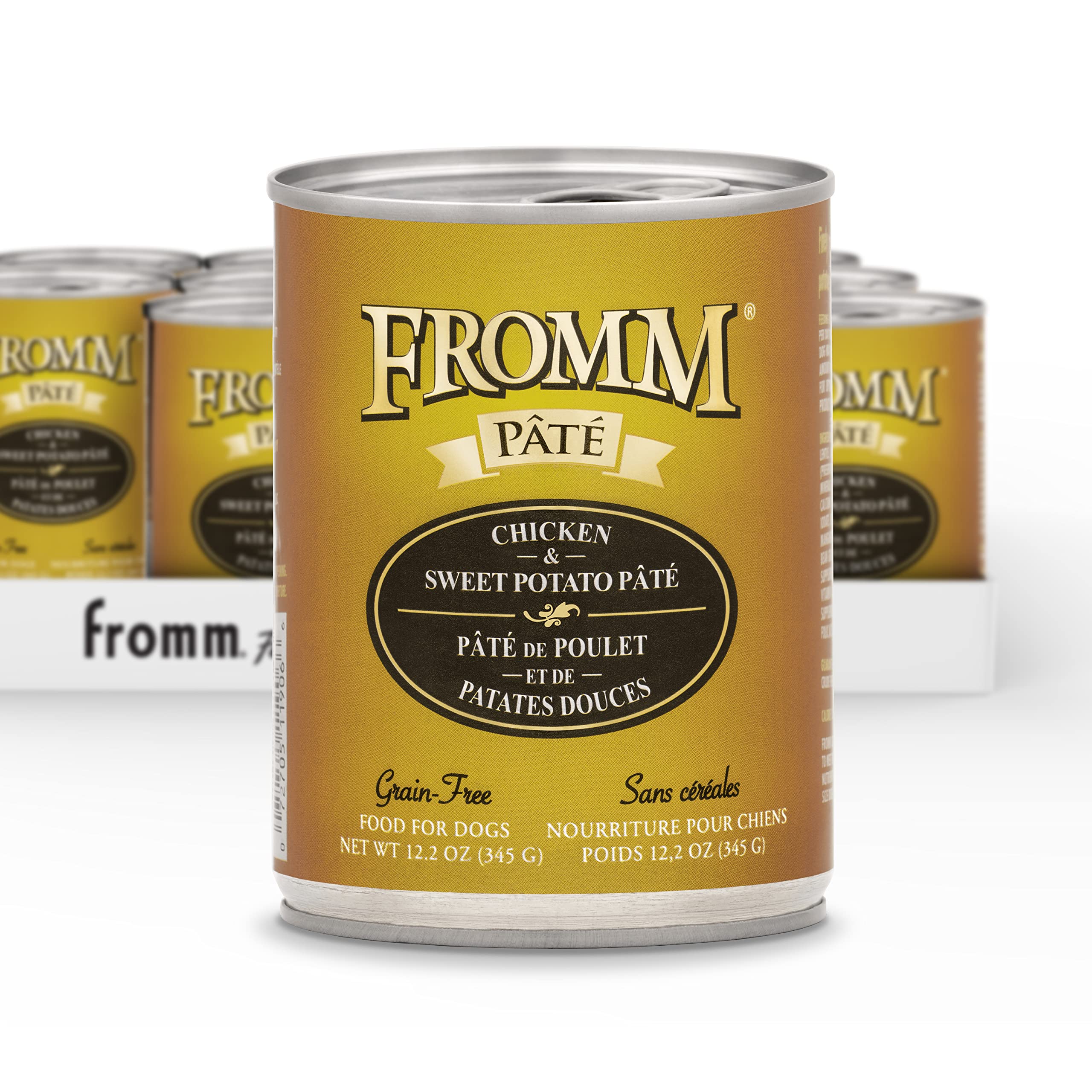 Fromm Chicken & Sweet Potato Pate can closeup showing smooth texture for picky eaters