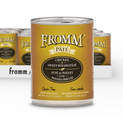 Fromm Chicken & Sweet Potato Pate can closeup showing smooth texture for picky eaters