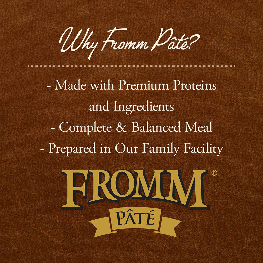Fromm Chicken & Sweet Potato Pate packaging label signals premium, family-made quality