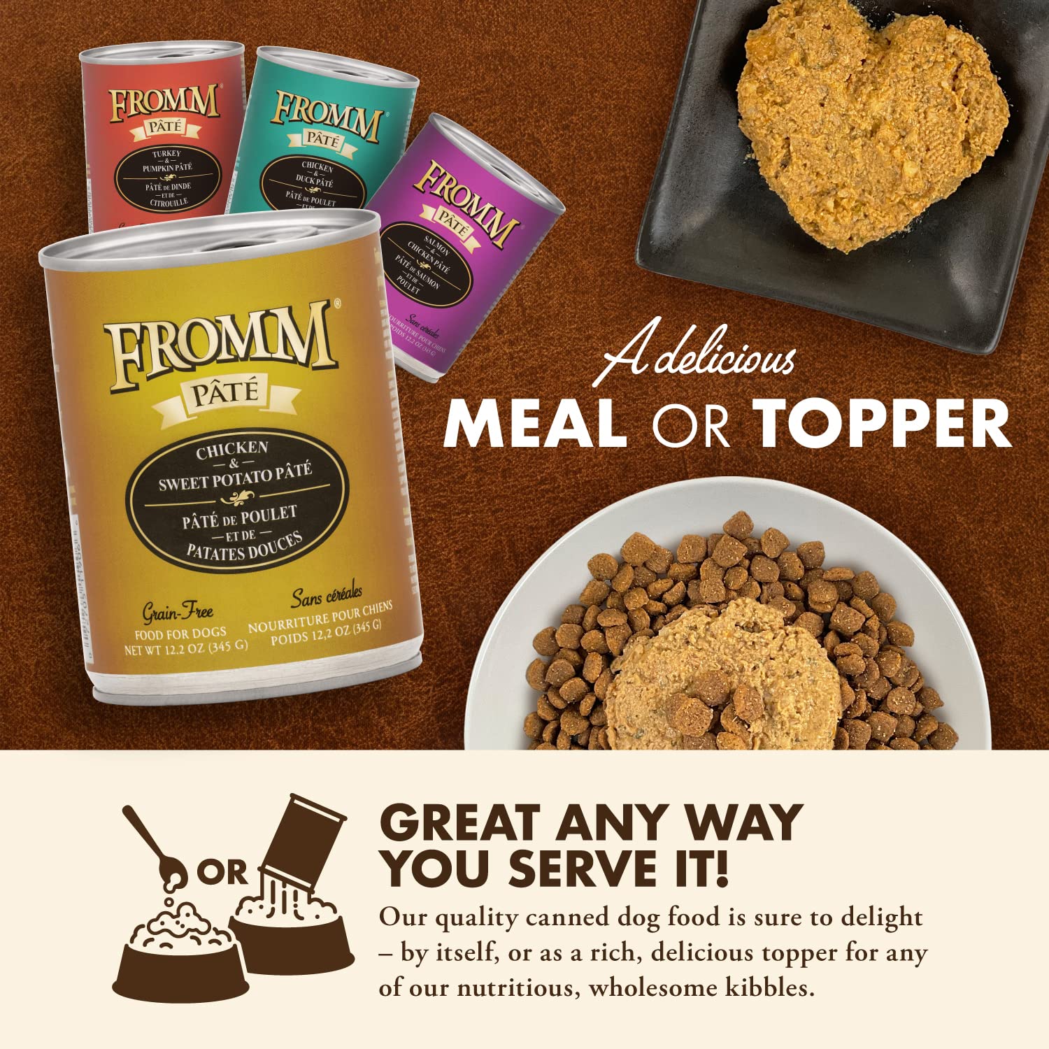 Fromm Chicken & Sweet Potato Pate puppy-meal image suggests gentle hydration and flavor