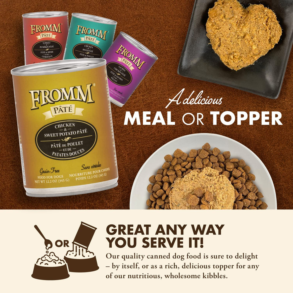 Fromm Chicken & Sweet Potato Pate puppy-meal image suggests gentle hydration and flavor