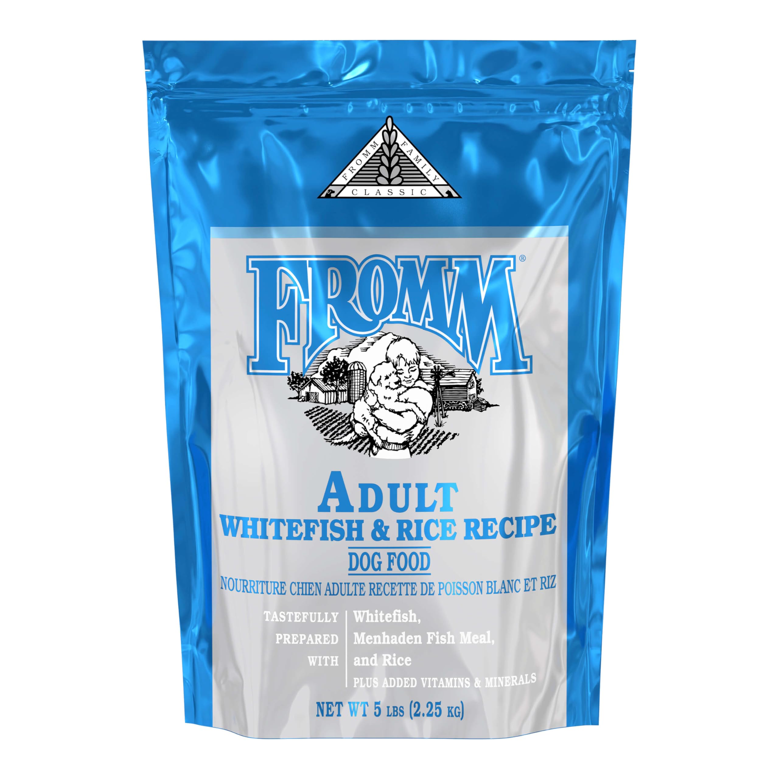 Fromm Classic Whitefish Dry Dog Food bowl showcases balanced nutrition for dogs.
