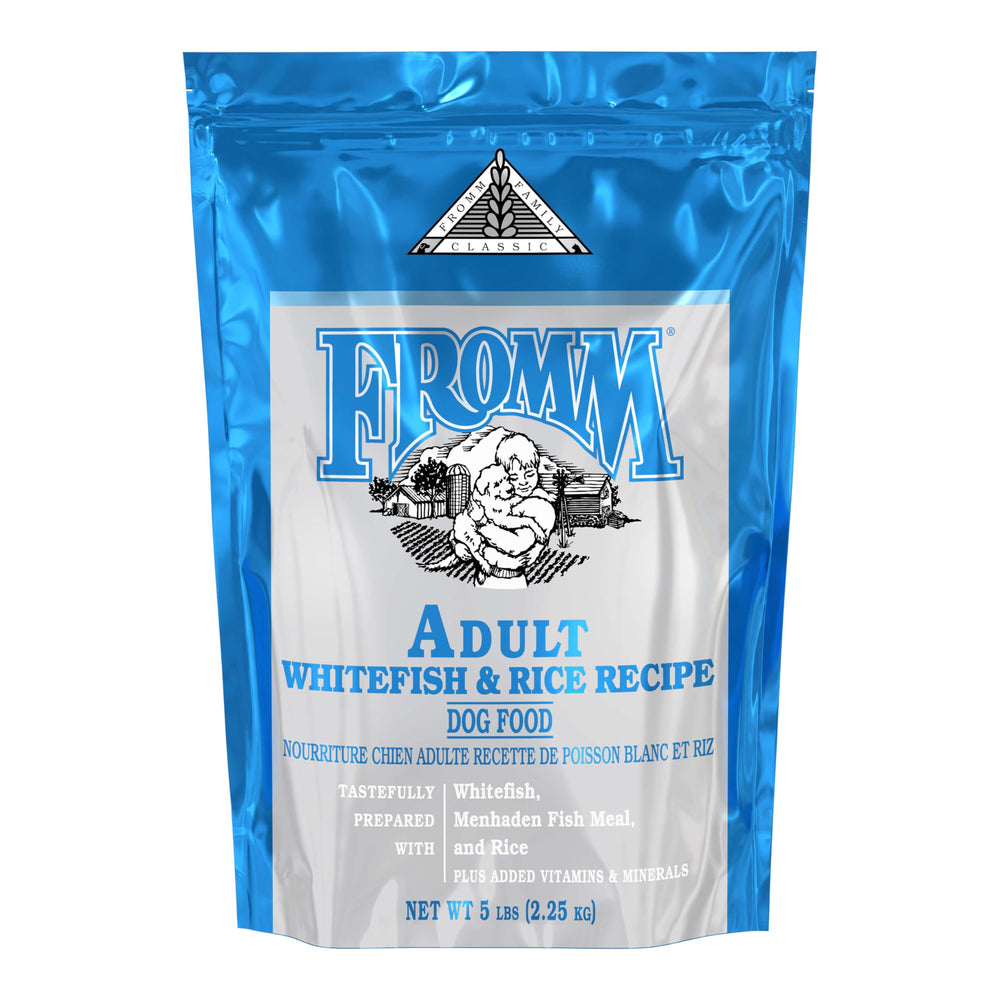 Fromm Classic Whitefish Dry Dog Food bowl showcases balanced nutrition for dogs.