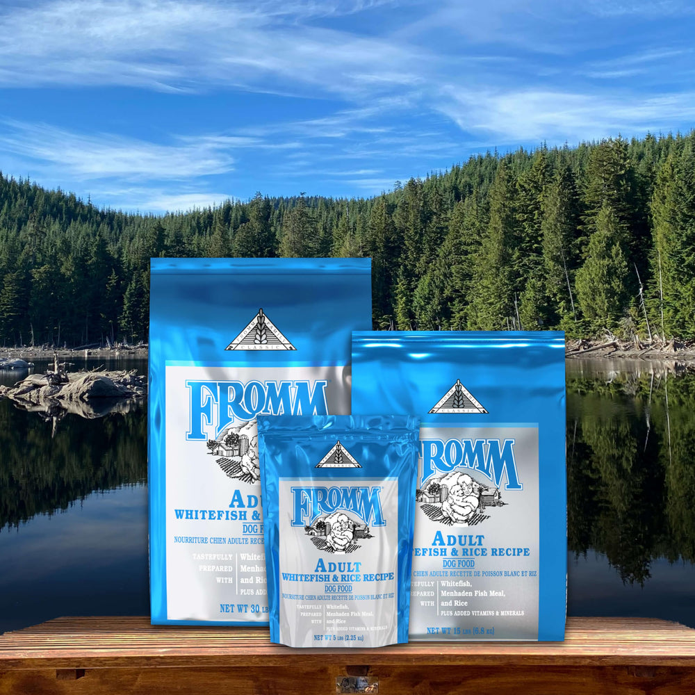Fromm Classic Whitefish Dry Kibble closeup highlights protein-rich bites for dogs.