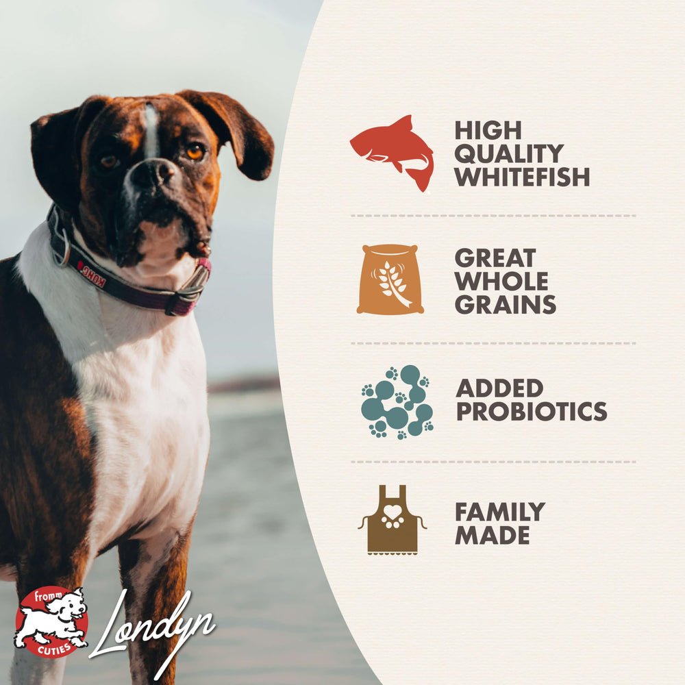 Fromm Classic Whitefish and Rice ingredients display emphasizes wholesome grains and quality protein.