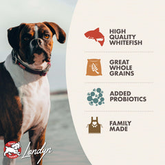 Fromm Classic Whitefish and Rice ingredients display emphasizes wholesome grains and quality protein.