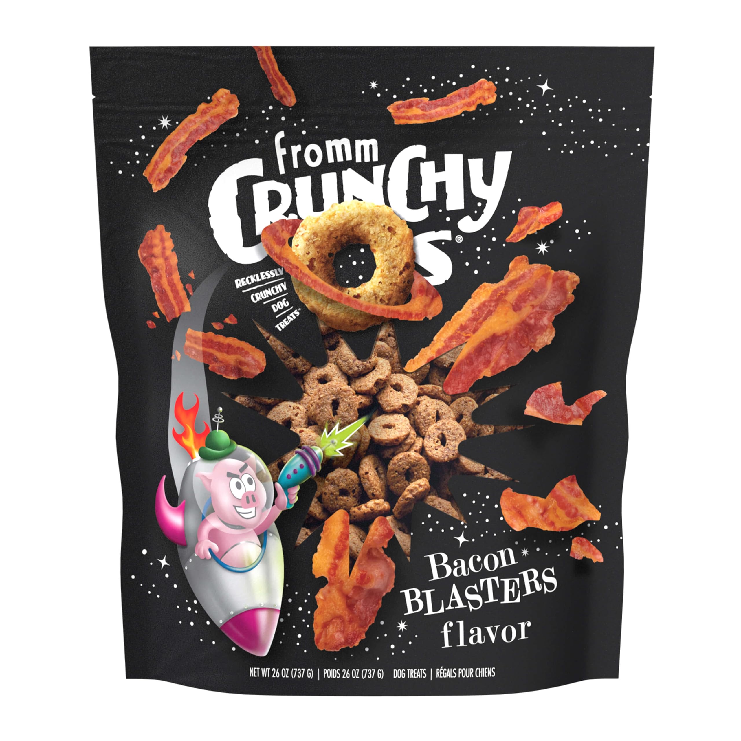 Fromm Crunchy Os Bacon Blasters bag closeup shows premium packaging for freshness.