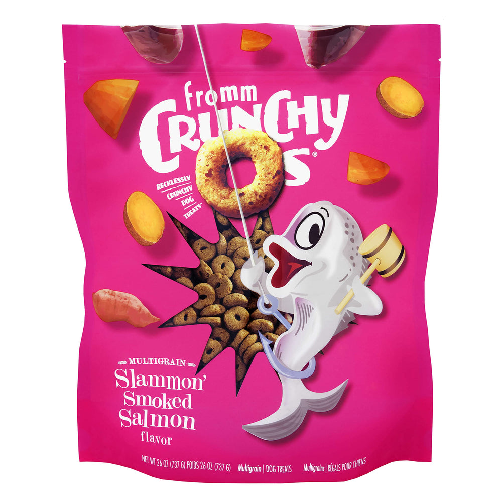 Fromm Crunchy Os Slammon' Smoked Salmon treats bag closeup for training rewards.