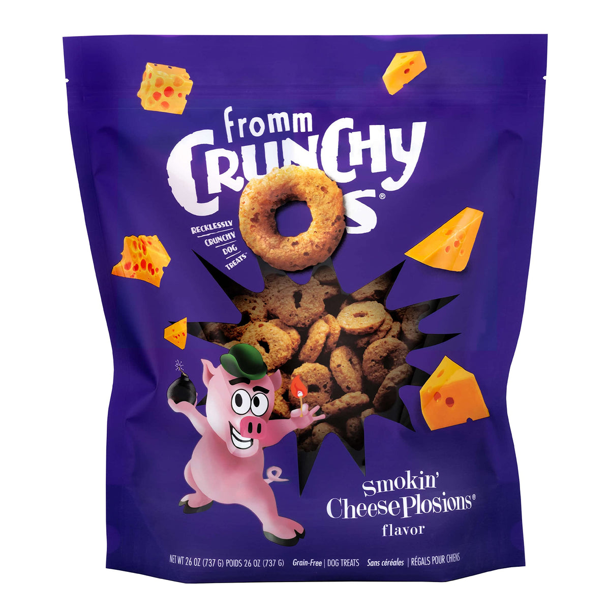 Fromm Crunchy Os Smokin' CheesePlosions bag shows resealable freshness.