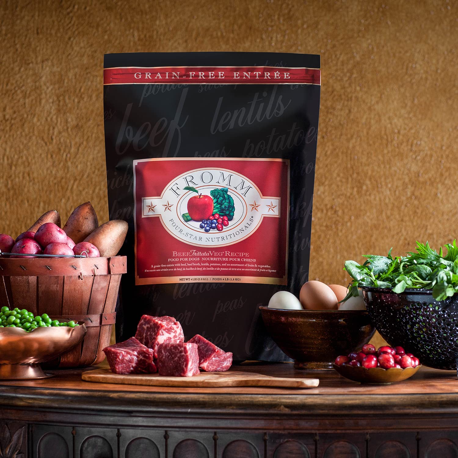 Fromm Four-Star Beef Frittata kibble close-up shows texture and appealing palatability.