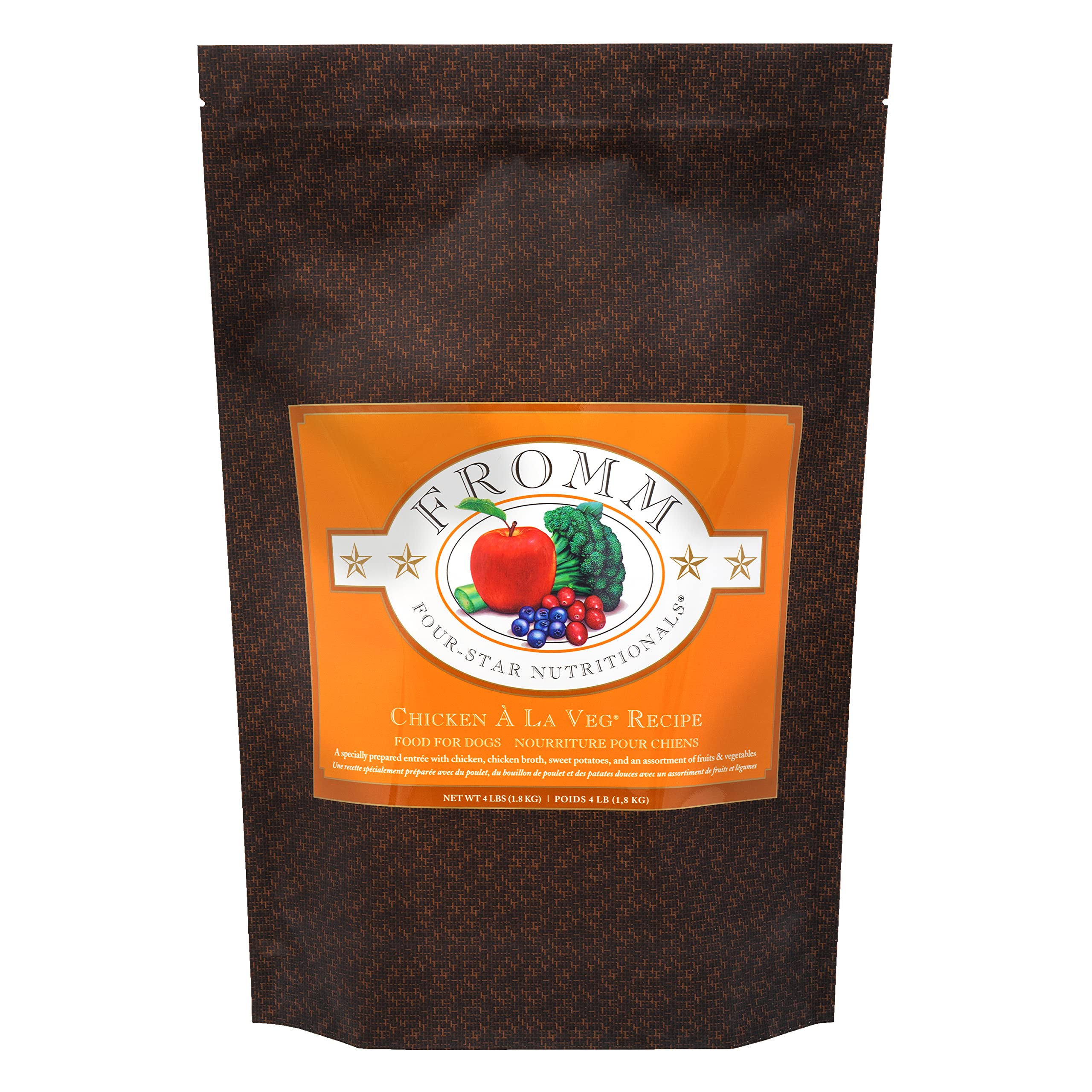 Fromm Four-Star Chicken A La Veg bag front view—protein-rich dry dog food for all life stages.