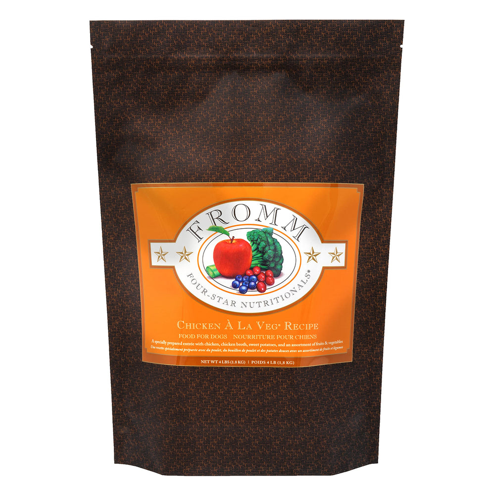 Fromm Four-Star Chicken A La Veg bag front view—protein-rich dry dog food for all life stages.