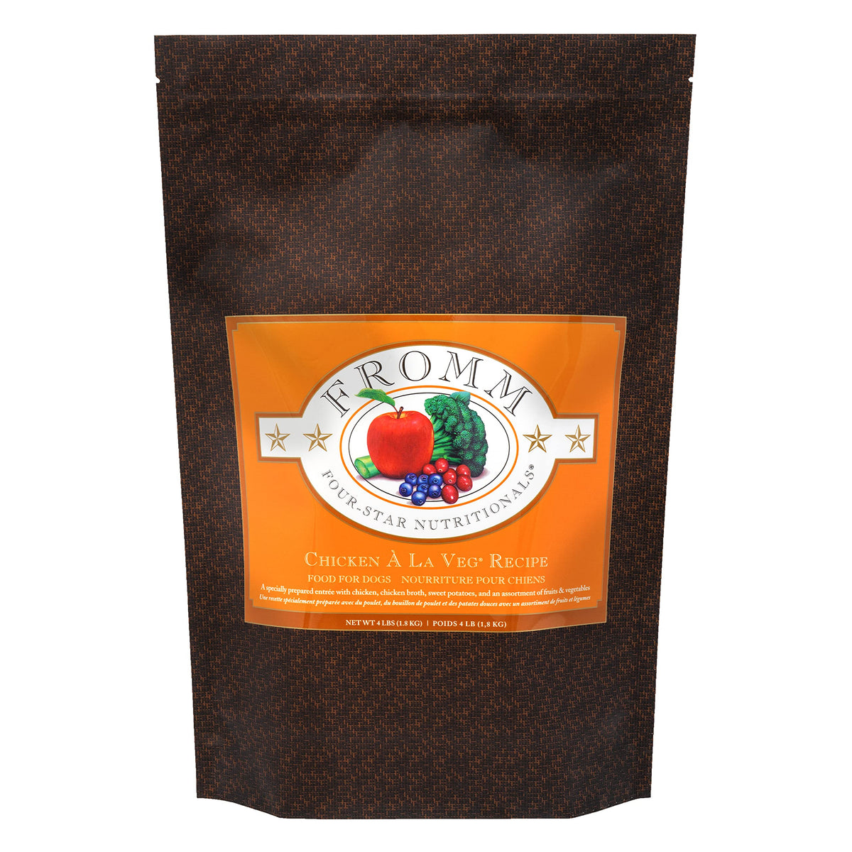 Fromm Four-Star Chicken A La Veg bag front view—protein-rich dry dog food for all life stages.