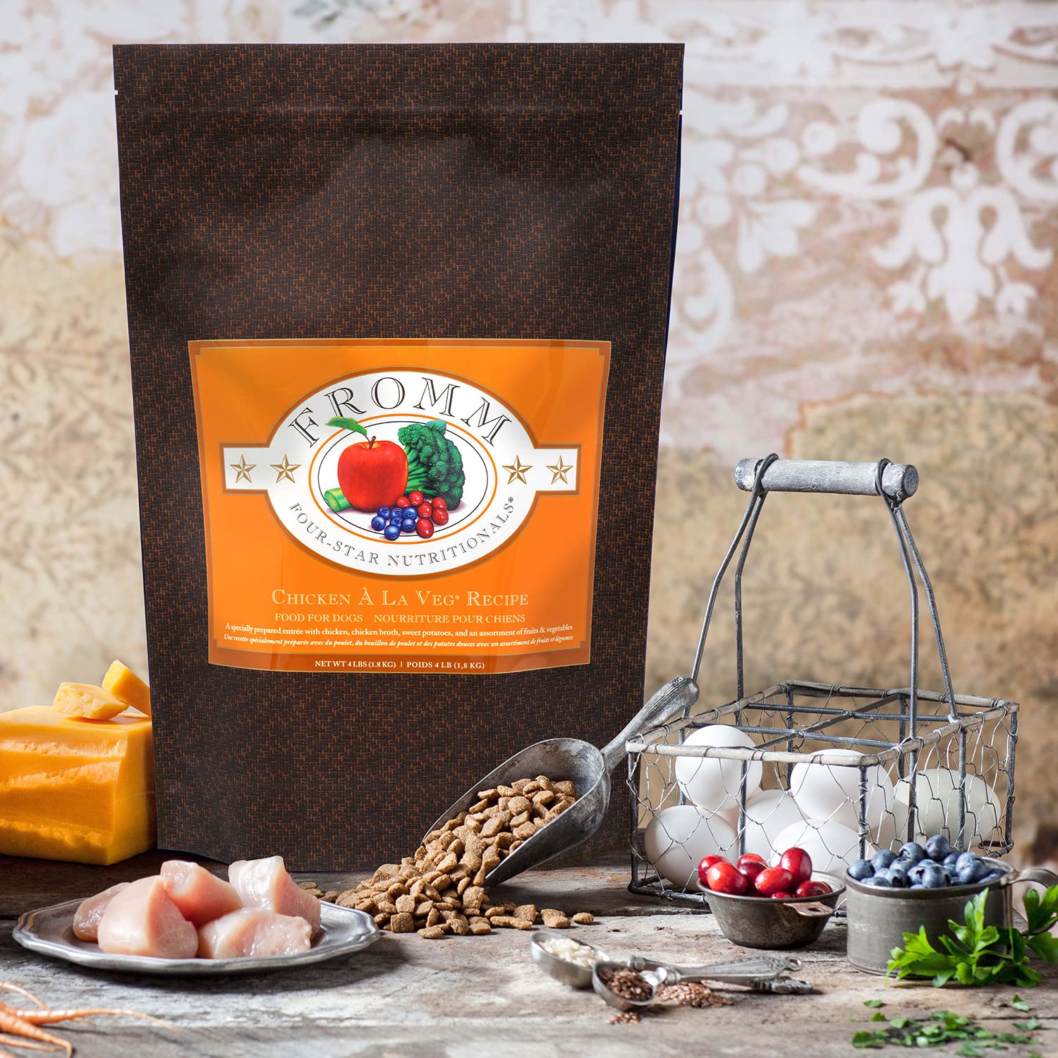 Fromm Four-Star Chicken A La Veg kibble served in bowl—suitable for dogs of all breeds.