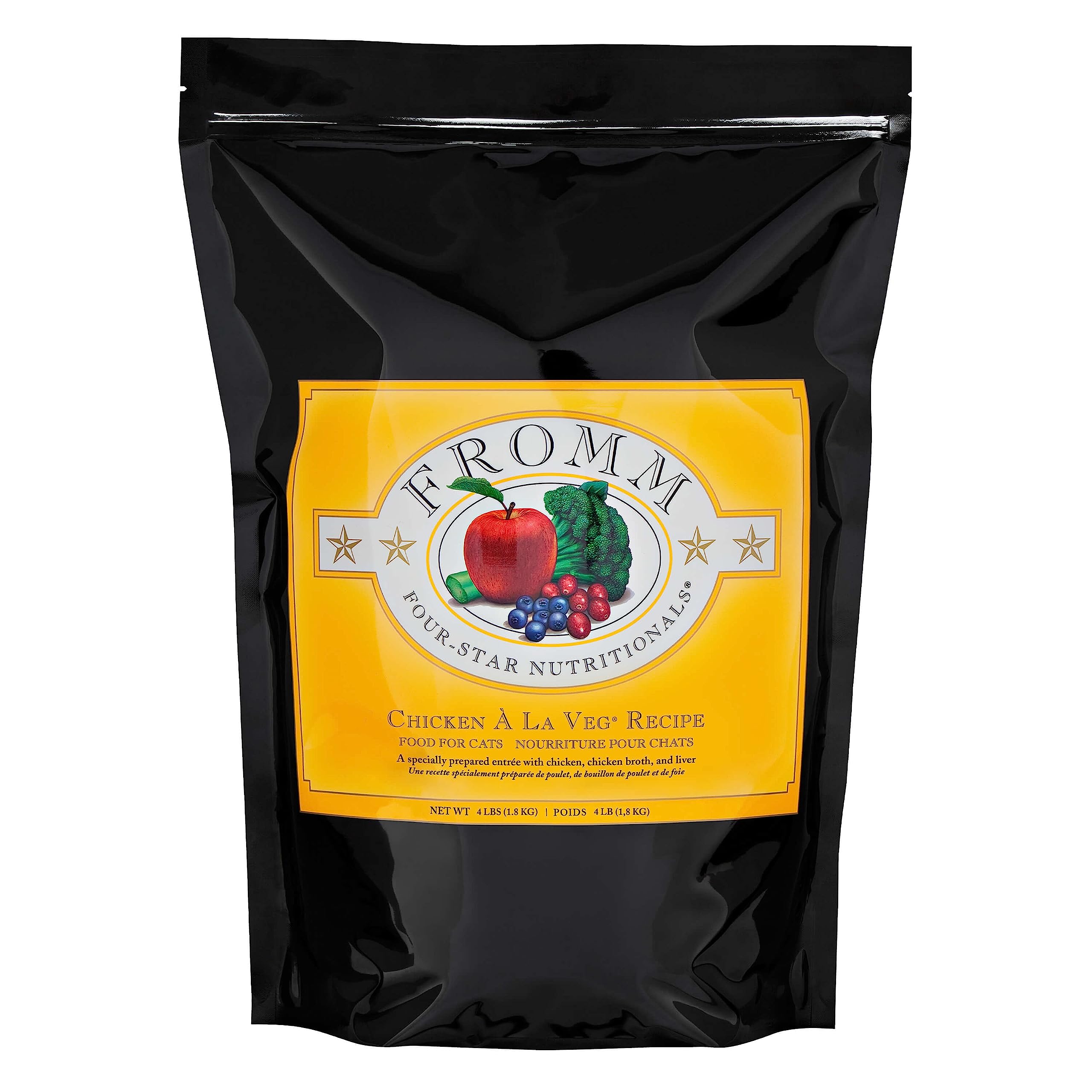 Fromm Four-Star Chicken A La Veg packaging shows trusted Wisconsin-made cat food for all life stages.