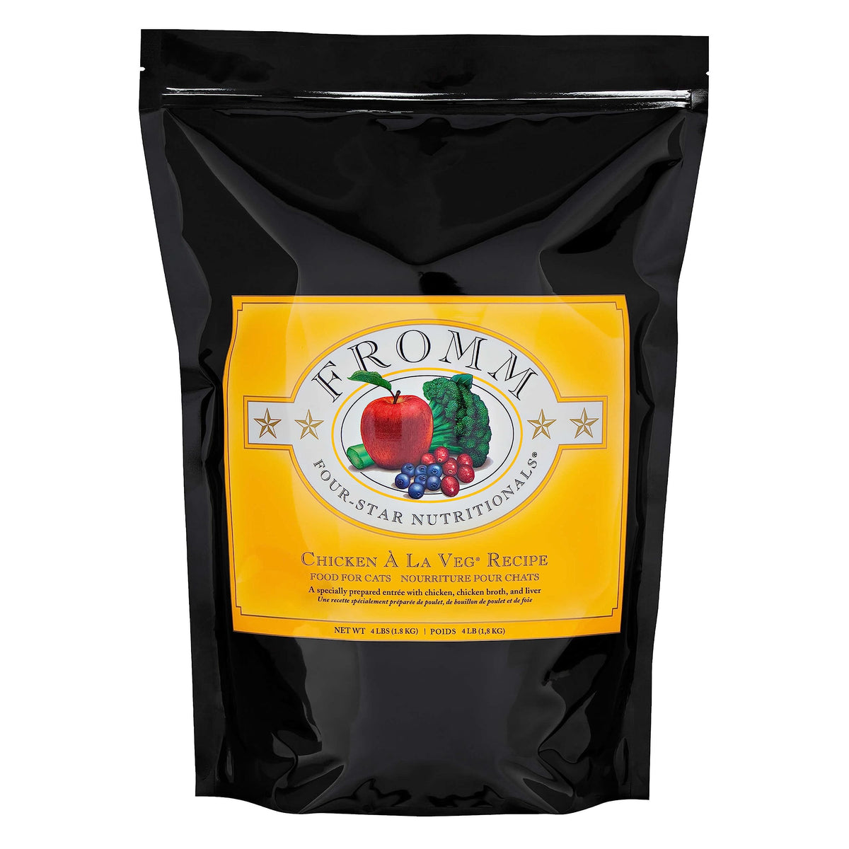 Fromm Four-Star Chicken A La Veg packaging shows trusted Wisconsin-made cat food for all life stages.