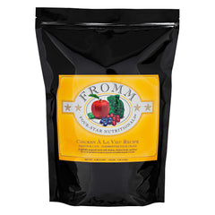 Fromm Four-Star Chicken A La Veg packaging shows trusted Wisconsin-made cat food for all life stages.
