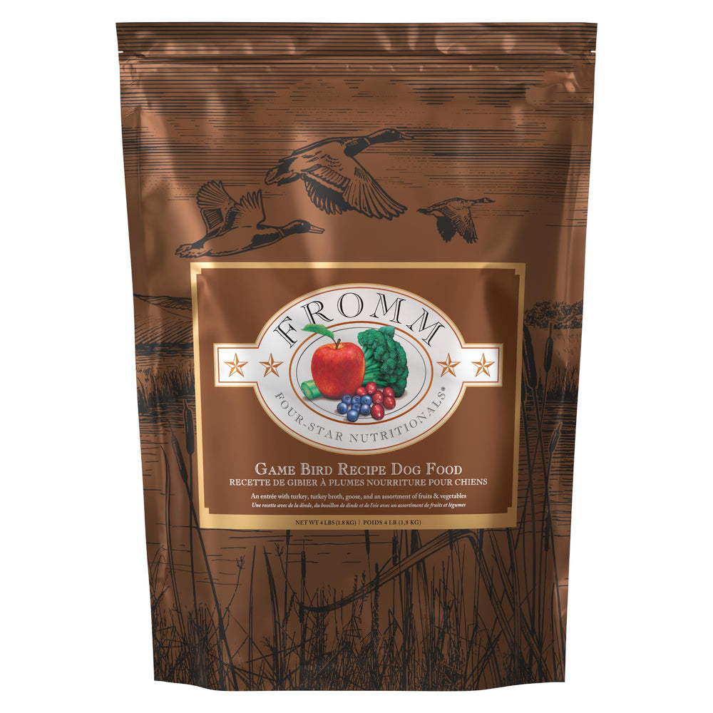 Fromm Four-Star Game Bird turkey recipe bag shows premium protein for all life stages