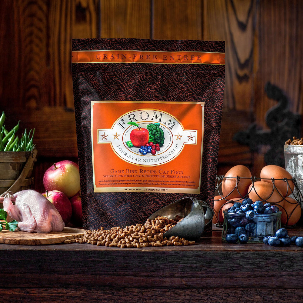 Fromm Four-Star game bird kibble close-up texture and color.