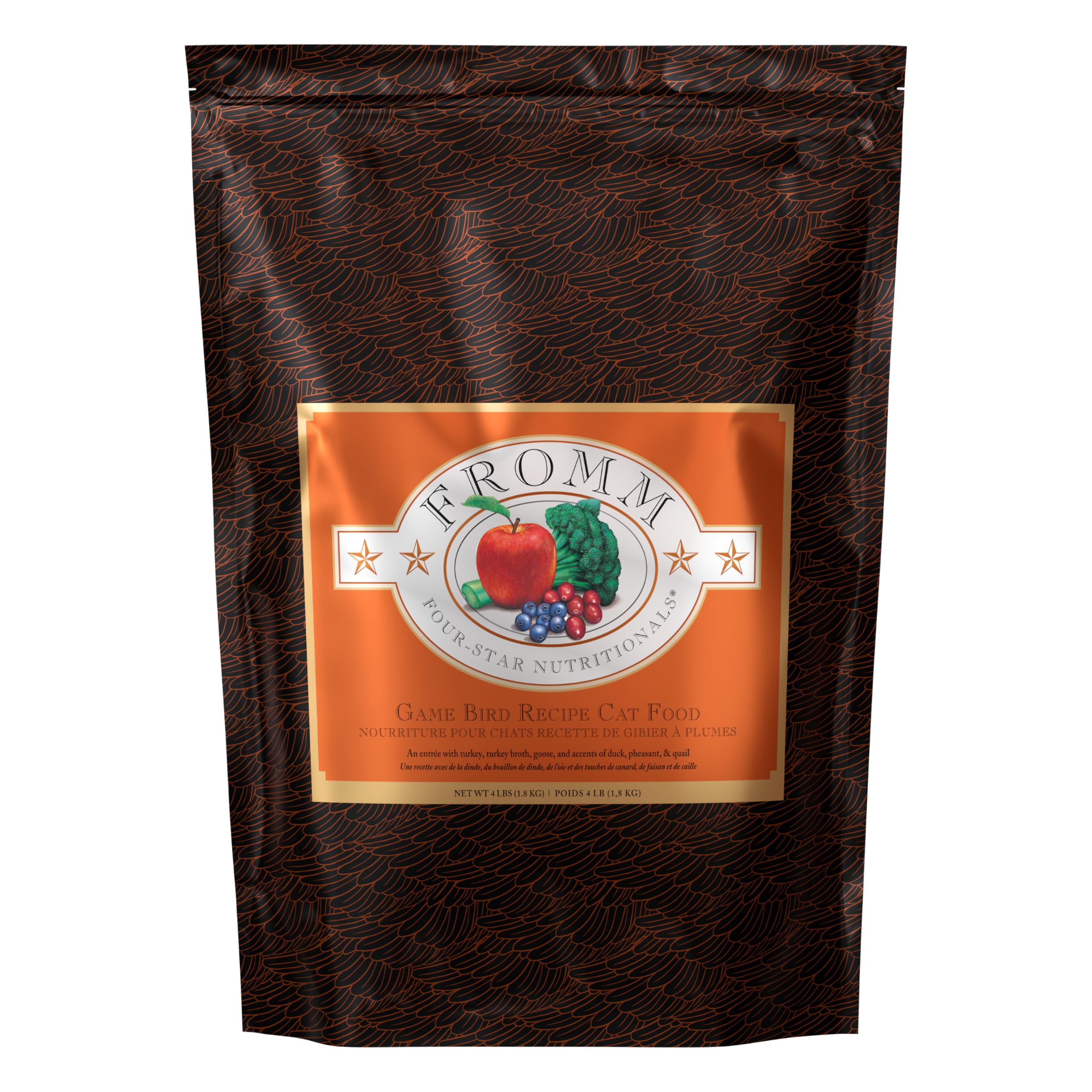 Fromm Four-Star Grain-Free Game Bird dry cat food bowl ready for serving a flavorful meal.
